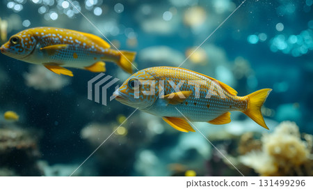 Tropical fish gracefully swim in clear water, showcasing vibrant colors and lively movements in a beautiful underwater world 131499296