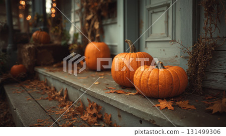 Bright orange pumpkins decorate a charming doorstep for Halloween celebrations in the fall season 131499306