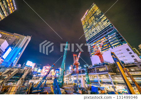 Tokyo cityscape, Japan, October 2nd. Huge heavy machinery such as crawler cranes and pile drivers are lined up... = Shibuya Tokyo cityscape, Japan, October 2nd. Huge heavy machinery such as crawler cranes and pile drivers are lined up... = Shibuya 131499346