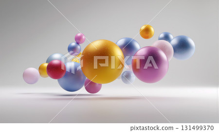 Floating colorful spheres create a vibrant display on a white background, showcasing a mix of various shapes and sizes 131499370