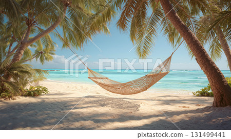 Relaxing on a tropical beach with a hammock swaying gently between palm trees under a clear blue sky 131499441
