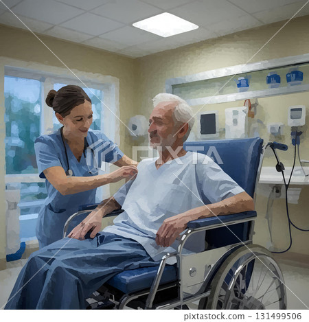 Patient and nurse in wheelchair Patient and nurse in wheelchair 131499506