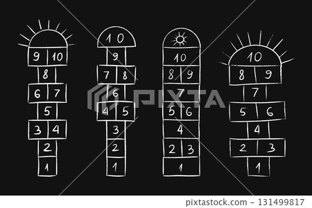 Hopscotch game with hop and scotch chalk drawings on black background for playground activities and childhood fun. Grid patterns with numbered squares and sun symbols for outdoor recreation. Hopscotch game with hop and scotch chalk drawings on black background for playground activities and childhood fun. Grid patterns with numbered squares and sun symbols for outdoor recreation. 131499817
