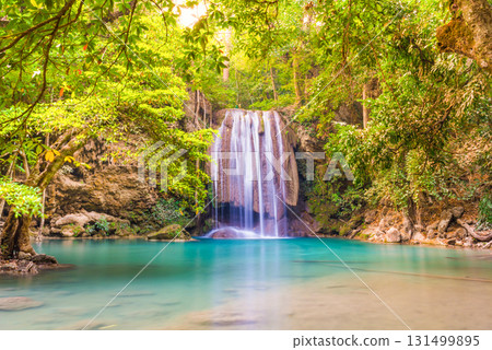 Waterfall and emerald lake in tropical forest, Erawan, Thailand 131499895