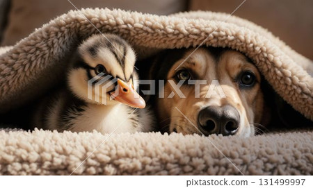 Adorable duckling and dog cuddling under blanket 131499997