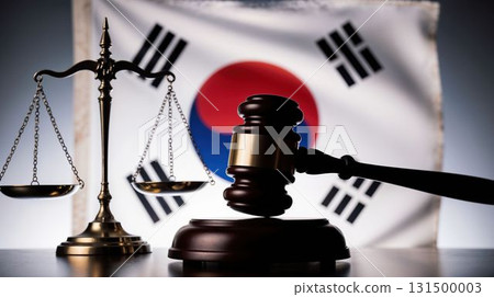 Justice scales and gavel with South Korea flag backdrop 131500003