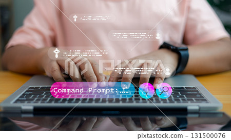 Man typing on laptop with AI chatbot interface and command prompt technology concept Man typing on laptop with AI chatbot interface and command prompt technology concept 131500076