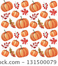Watercolor seamless pattern of orange pumpkins and vibrant fallen leaves on a white background. Suitable for textile design, gift wrapping paper, cards, invitations, and food packaging. 131500079