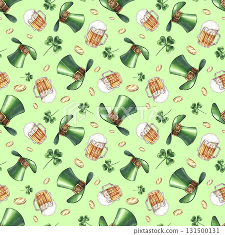 Seamless pattern with green leprechaun hats, clovers, coins, and beer. Hand-drawn watercolor illustration. For St. Patrick's Day. For textiles, wrapping paper, packaging, holiday decor, and more. 131500131