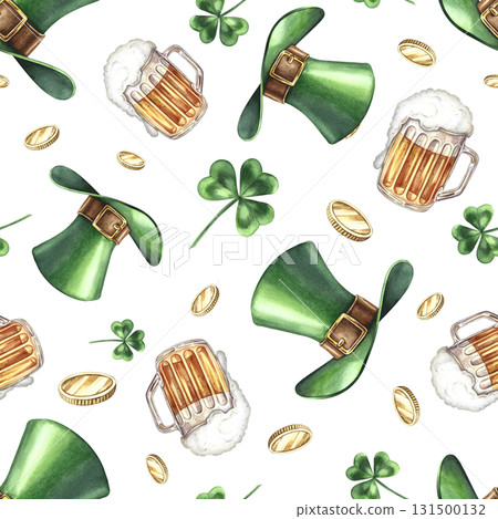 Seamless pattern with green leprechaun hats, clovers, coins, and beer. Hand-drawn watercolor illustration. For St. Patrick's Day. For textiles, wrapping paper, packaging, holiday decor, and more. 131500132