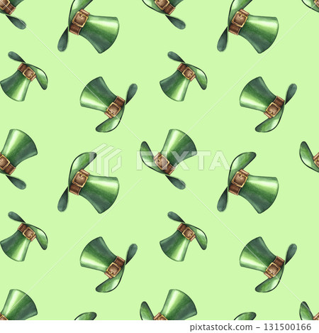 Seamless pattern with leprechaun hats. Hand-drawn watercolor illustration. For St. Patrick's Day. On a green background. For backgrounds, textiles, wrapping paper, packaging, holiday decor, and more. Seamless pattern with leprechaun hats. Hand-drawn watercolor illustration. For St. Patrick's Day. On a green background. For backgrounds, textiles, wrapping paper, packaging, holiday decor, and more. 131500166