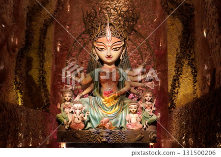 Contemporary Artistic Idol of Goddess Durga and Her Family in a Themed Pandal Contemporary Artistic Idol of Goddess Durga and Her Family in a Themed Pandal 131500206