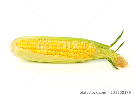 A yellow corn cob with green leaves 131500379