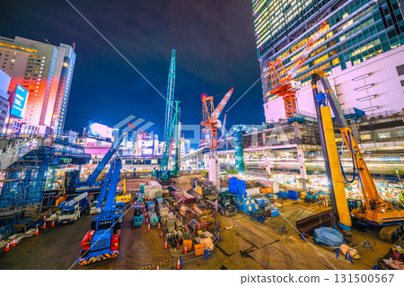 Tokyo cityscape, Japan, October 2nd. Huge heavy machinery such as crawler cranes and pile drivers are lined up... = Shibuya 131500567