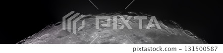 Panoramic view of the Moon surface, showcasing intricate details of its craters and rugged terrain Panoramic view of the Moon surface, showcasing intricate details of its craters and rugged terrain 131500587