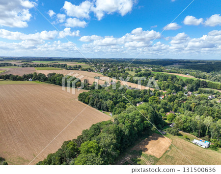 Aerial view of farmland surrounded by forest in the Belgian province of Walloon Brabant. 131500636