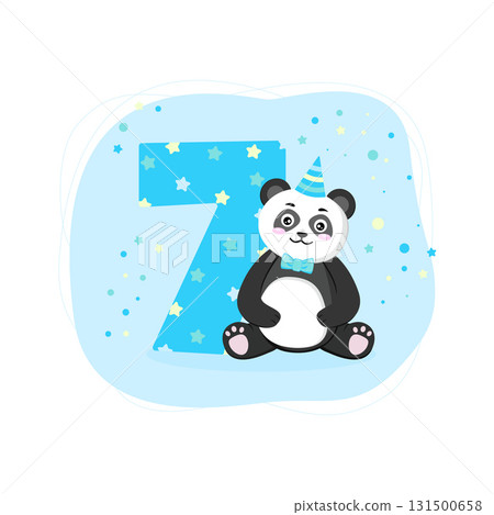 Birthday card with panda boy. Birthday invitation for boy 7 years or month. Banner with cute panda for baby banner, baby shower invitation, birthday card, social media, wallpaper, website. Birthday card with panda boy. Birthday invitation for boy 7 years or month. Banner with cute panda for baby banner, baby shower invitation, birthday card, social media, wallpaper, website. 131500658