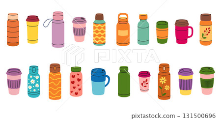 Set of travel thermos mugs. Thermoses, reusable cups, cups for hot drinks. Travel camping equipment. Vector illustration in flat style 131500696