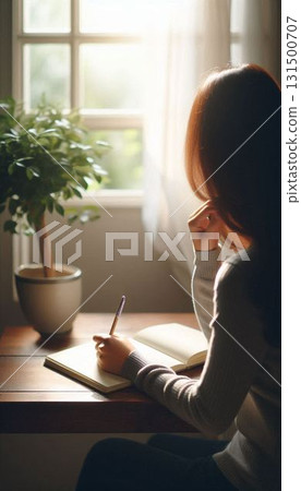 沉思/自我成長] 一位女士在書桌前用筆記本工作的背影，光線透過窗戶射進來（垂直） 131500707