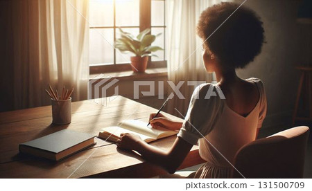 沉思/自我成長] 一位女士在書桌前用筆記本工作的背影，光線透過窗戶射進來（垂直） 131500709