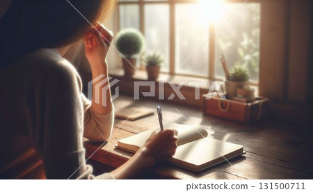 沉思/自我成長] 一位女士在書桌前用筆記本工作的背影，光線透過窗戶射進來（垂直） 131500711