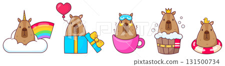 Cute cartoon sticker set with capybaras. Isolated white background. Vector illustration Cute cartoon sticker set with capybaras. Isolated white background. Vector illustration 131500734