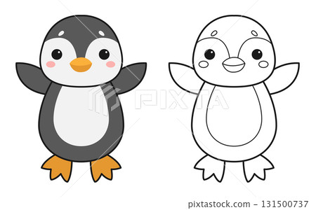 Cute cartoon penguin. Colouring page. Isolated white background. Vector illustration 131500737