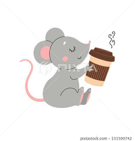 Cute cartoon mouse drinking coffee. Isolated background. Vector flat illustration Cute cartoon mouse drinking coffee. Isolated background. Vector flat illustration 131500742
