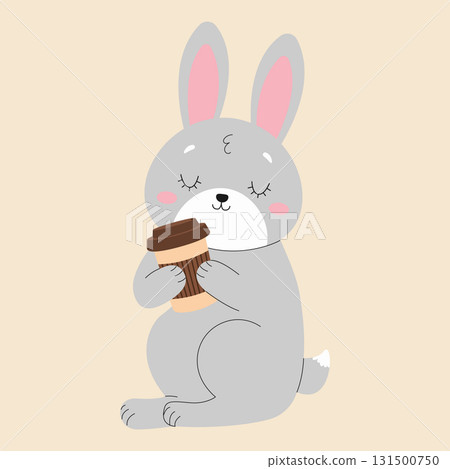 Cute cartoon rabbit drinking coffee. Isolated background. Vector flat illustration 131500750