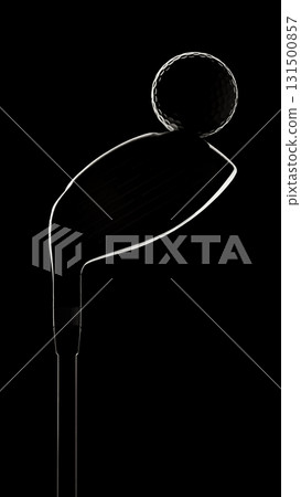 Golf ball on club head in dramatic silhouette on black background 131500857