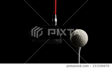 Golf ball on tee ready for driver swing with red shaft against black background 131500870