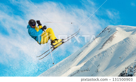 Skier executing freestyle trick sideways on snowy mountain slope. Hand made collage 131500903