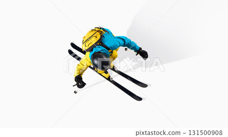 Skier top view freestyle maneuver isolated on white background Skier top view freestyle maneuver isolated on white background 131500908