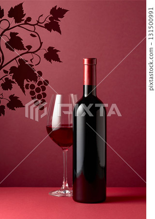 Bottle and glass of red wine on a red background. 131500991