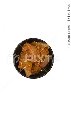 Authentic Korean kimchi made from napa cabbage, seasoned with chili paste, garlic, and sesame seeds. 131501290