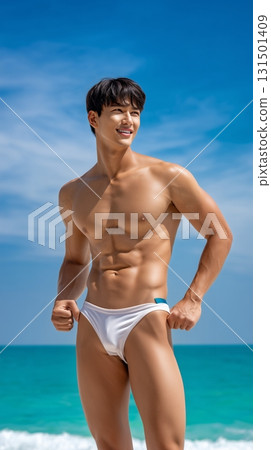 Fit Asian man in  swim shorts standing on a tropical beach with a clear blue sky 131501409