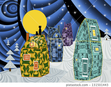 Night fairy country houses. Lovely winter greeting card with cats sitting on the top of the roof watching moon and stars. Merry Christmas. 131501443