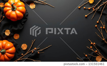 Halloween flat lay with pumpkins, dry branches, and berries on a dark background. Halloween flat lay with pumpkins, dry branches, and berries on a dark background. 131501461