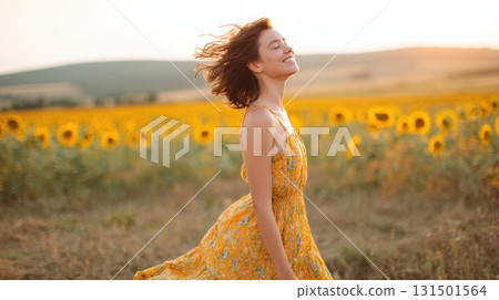 Woman Enjoying Nature In Sunflower Field At Sunset. Embracing Freedom And Happiness In A Serene Landscape 131501564
