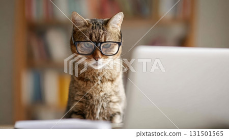 Cat Wearing Glasses Working On A Laptop In A Library. Humorous Depiction Of A Studious Feline Cat Wearing Glasses Working On A Laptop In A Library. Humorous Depiction Of A Studious Feline 131501565