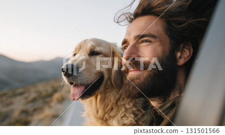 Man And Golden Retriever Enjoying Road Trip With Wind In Hair. Adventure And Companionship On A Scenic Drive Man And Golden Retriever Enjoying Road Trip With Wind In Hair. Adventure And Companionship On A Scenic Drive 131501566