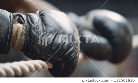 Close-Up Of Worn Black Boxing Gloves Resting On A Rope. Symbol Of Strength And Resilience In Sports 131501630