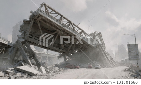 Collapsed Highway Bridge In Urban Area. Symbol Of Infrastructure Failure And Urban Decay 131501666