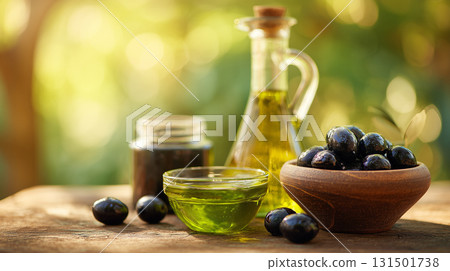 Olive oil and olives displayed on a wooden table in a garden setting 131501738