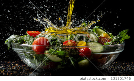 Colorful salad ingredients flying into a bowl with fresh greens and dressing 131501746