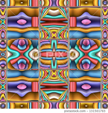 Stylized Ceramic Tile. Multicolor mosaic ornament. Excellent Modern Pattern. Ceramic tableware, wooden puzzle. Ethnic background. Stained-glass window style. Wallpaper from color ornaments and border. 131501783