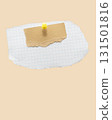 Torn piece of school notebook in a grid and brown piece of paper with beige tape and a pin on beige background 131501816