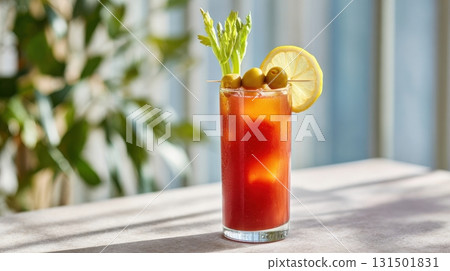 Bloody Mary Cocktail With Celery, Olives, And Lemon Garnish On Sunlit Table. Refreshing Brunch Beverage 131501831