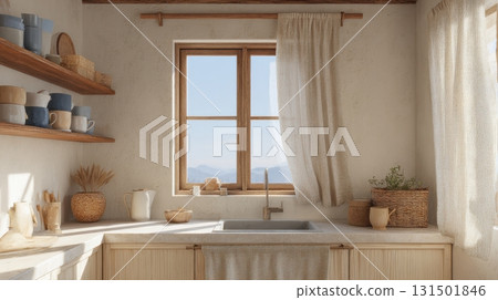 Cozy Rustic Kitchen Interior With Natural Light And Wooden Accents. Inviting Space For Culinary Creativity 131501846