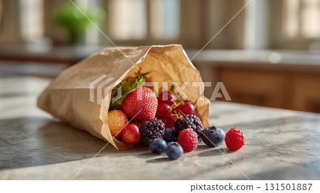 Paper Bag Spilling Fresh Berries On Kitchen Counter. Healthy Eating And Organic Lifestyle 131501887